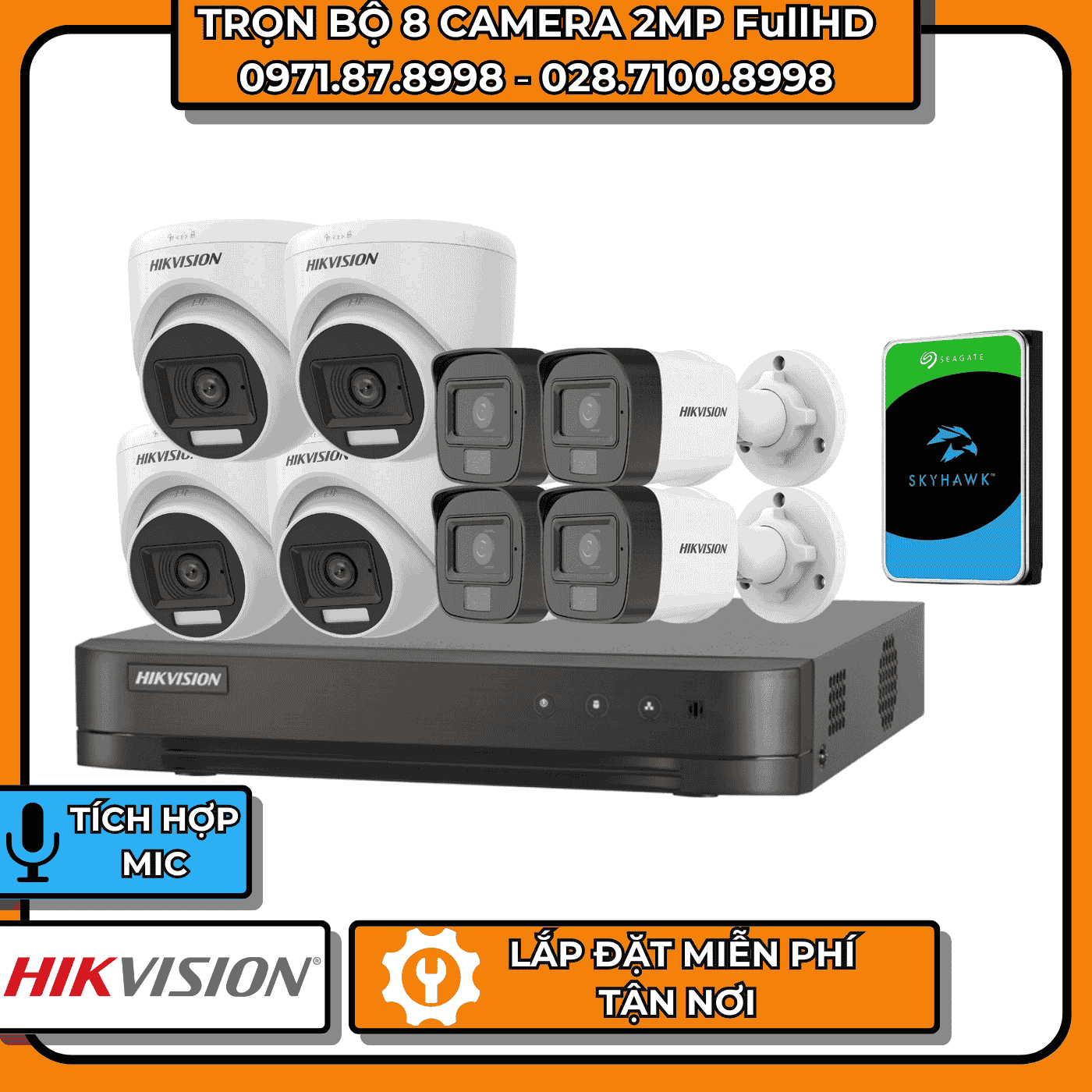 TRỌN BỘ 8 CAMERA 2MP FullHD HIKVISION - CÓ THU ÂM