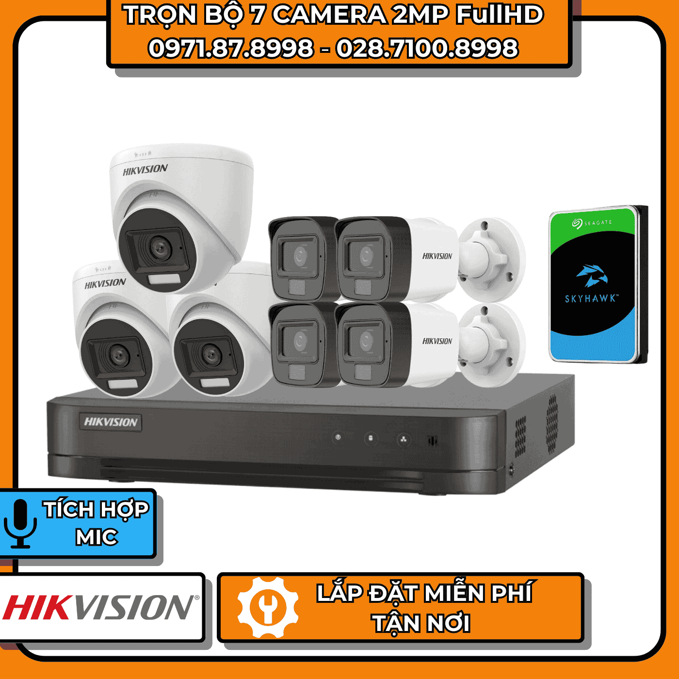 TRỌN BỘ 7 CAMERA 2MP FullHD HIKVISION - CÓ THU ÂM