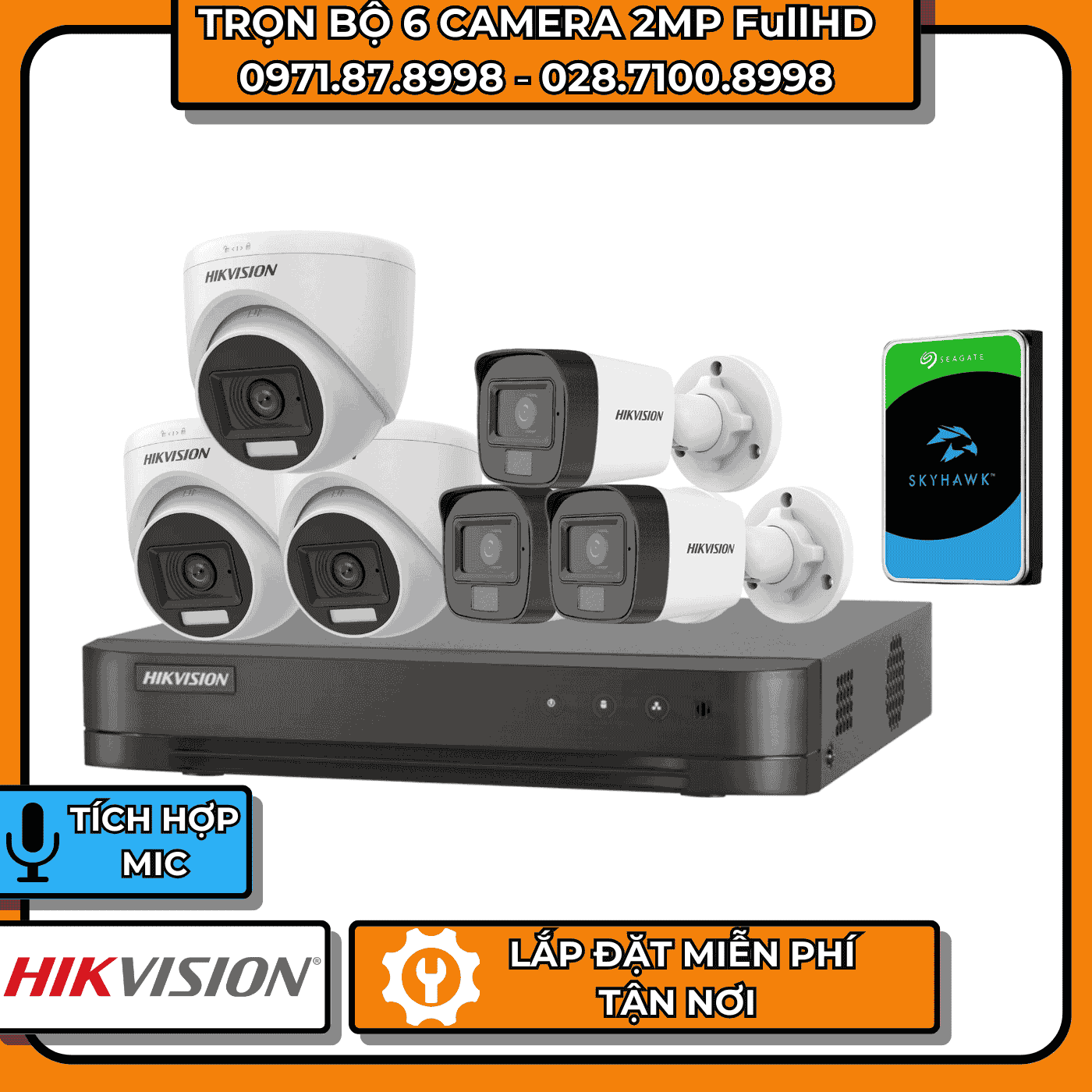 TRỌN BỘ 6 CAMERA 2MP FullHD HIKVISION - CÓ THU ÂM