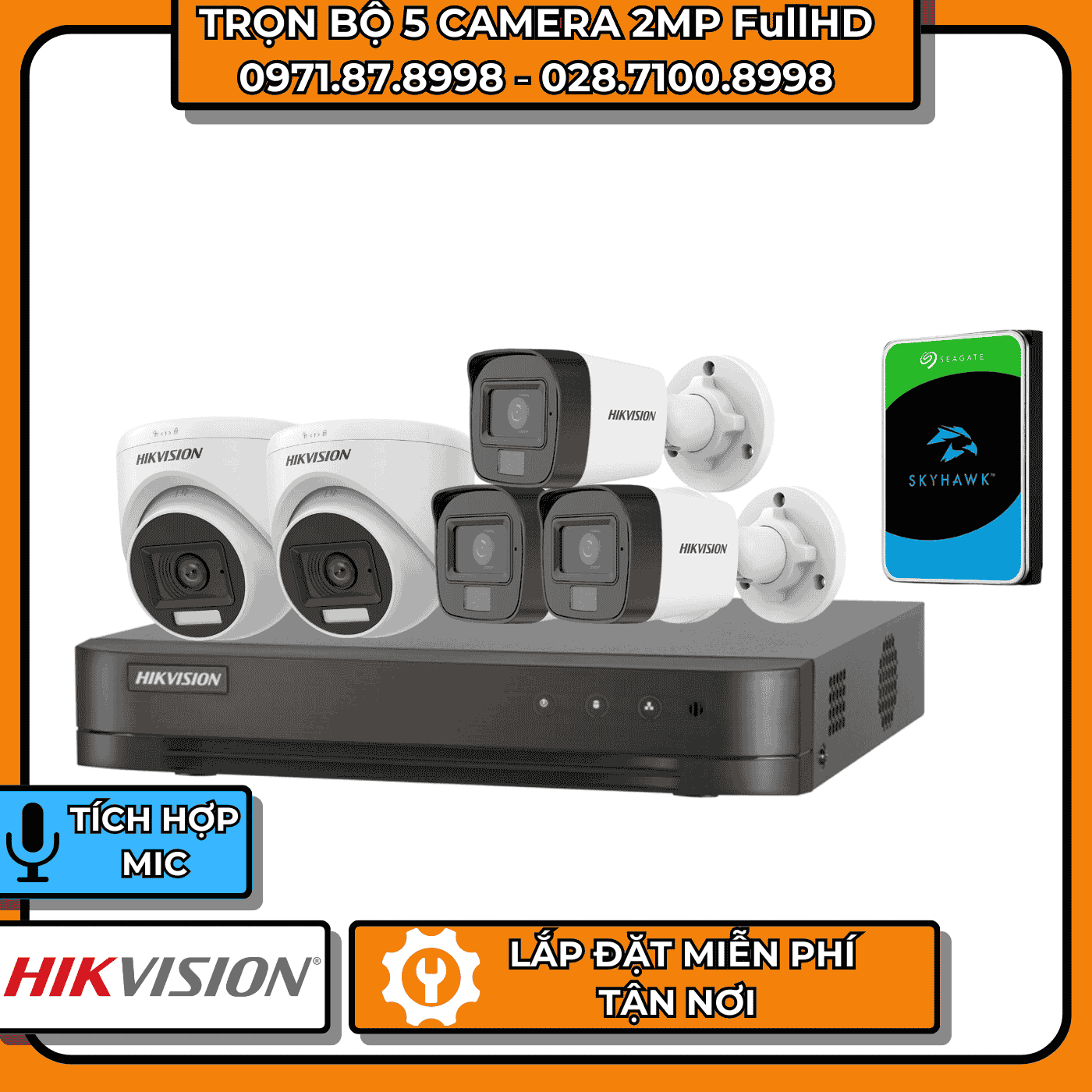 TRỌN BỘ 5 CAMERA 2MP FullHD HIKVISION - CÓ THU ÂM