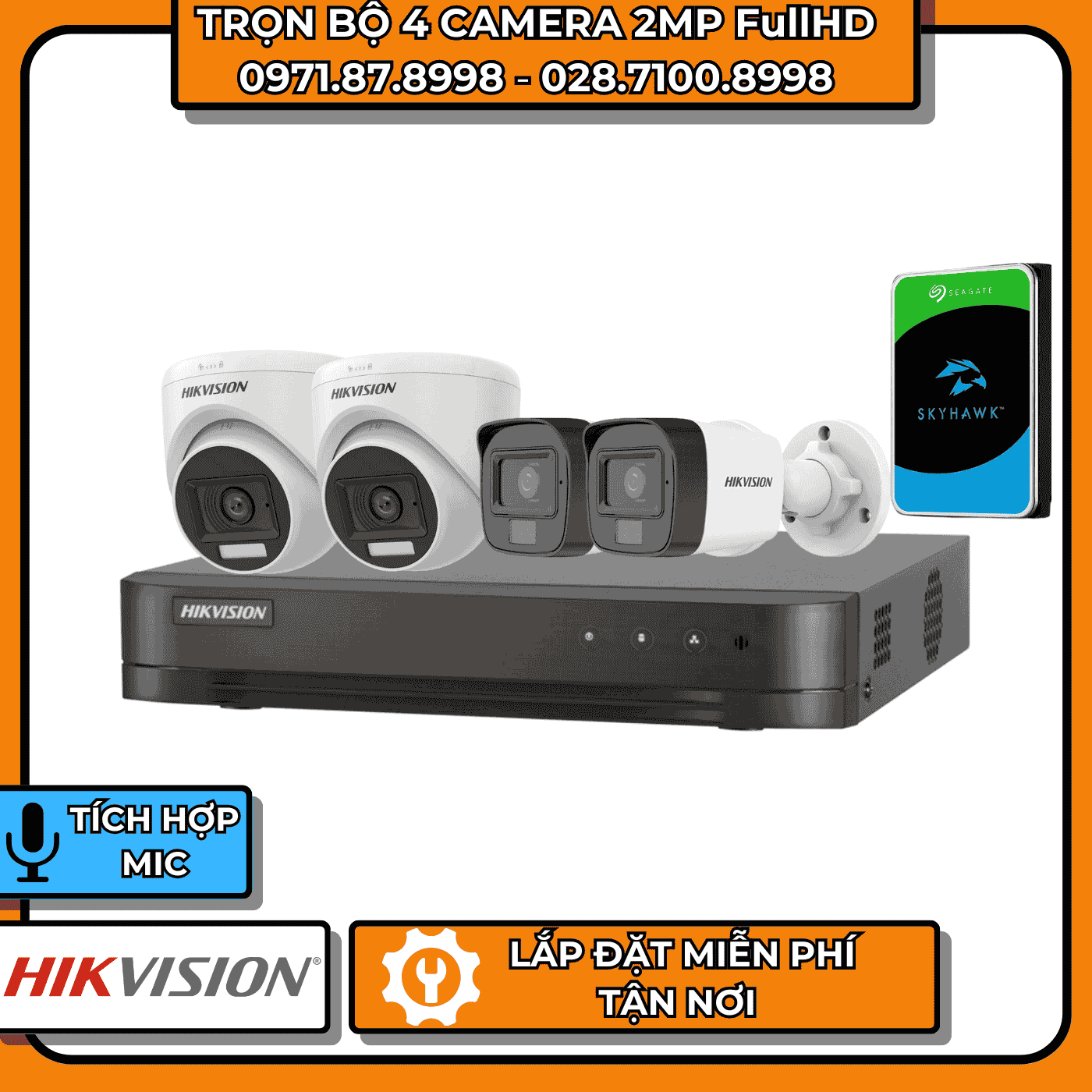 TRỌN BỘ 4 CAMERA 2MP FullHD HIKVISION - CÓ THU ÂM
