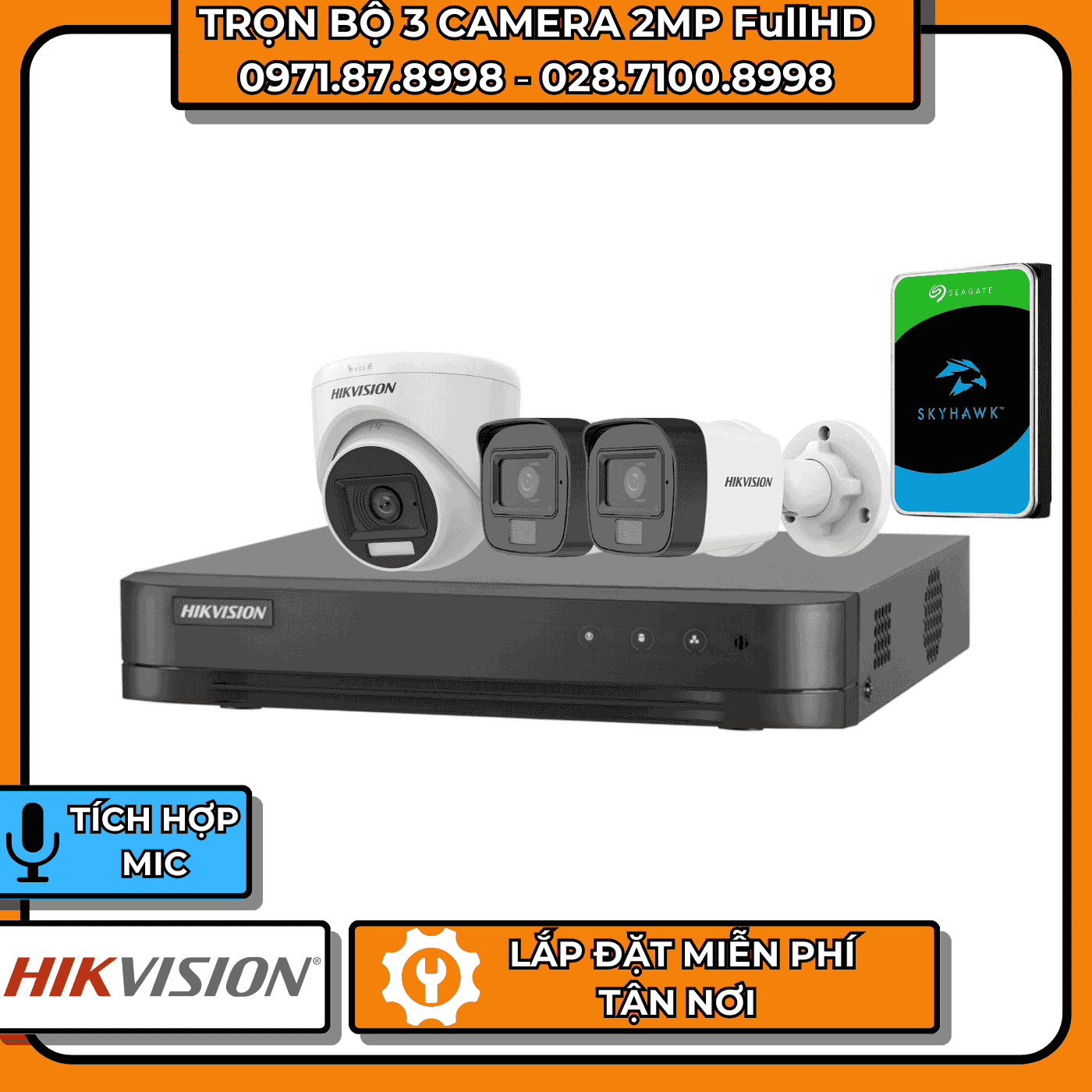 TRỌN BỘ 3 CAMERA 2MP FullHD HIKVISION - CÓ THU ÂM