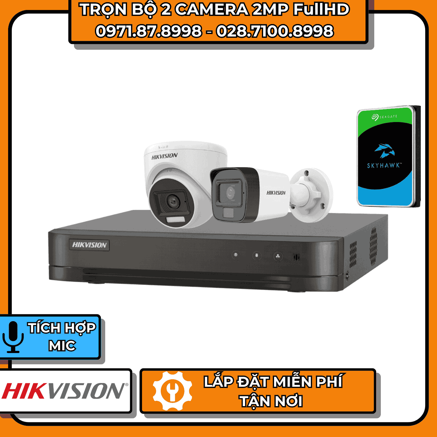 TRỌN BỘ 2 CAMERA 2MP FullHD HIKVISION - CÓ THU ÂM