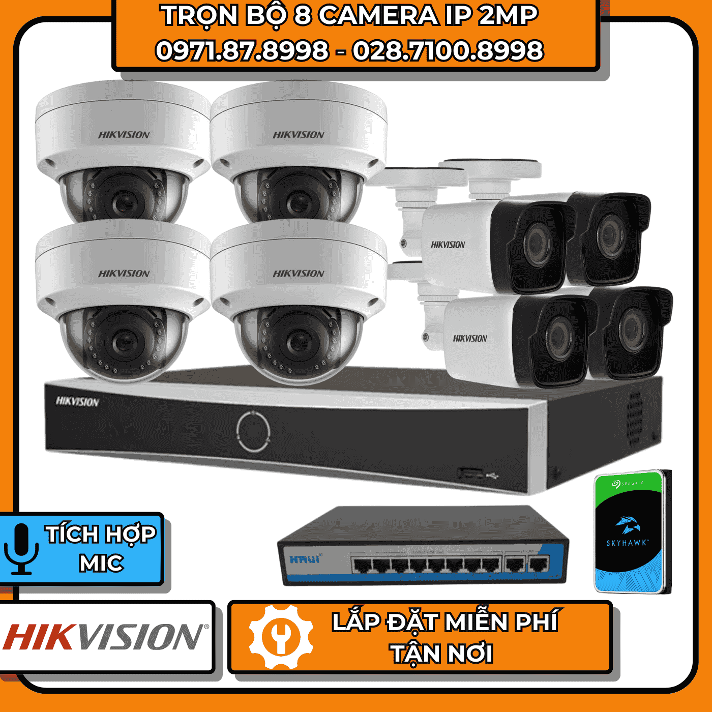 TRỌN BỘ 8 CAMERA IP 2MP HIKVISION + CÓ THU ÂM