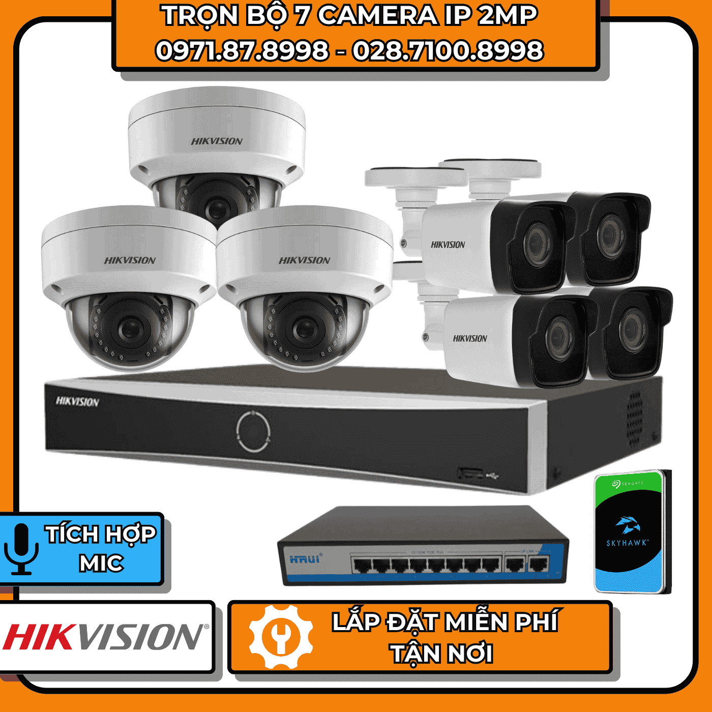 TRỌN BỘ 7 CAMERA IP 2MP HIKVISION + CÓ THU ÂM