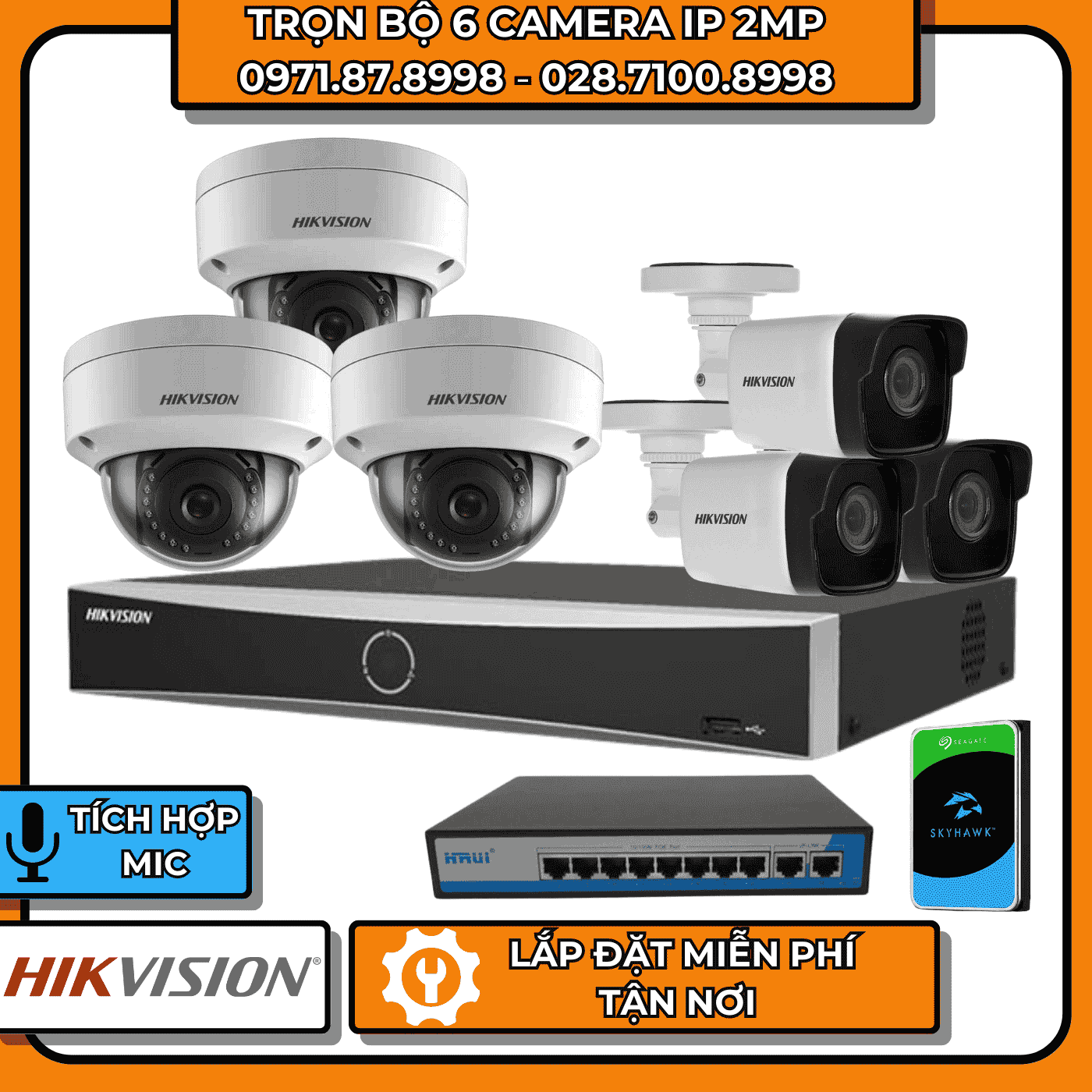 TRỌN BỘ 6 CAMERA IP 2MP HIKVISION + CÓ THU ÂM
