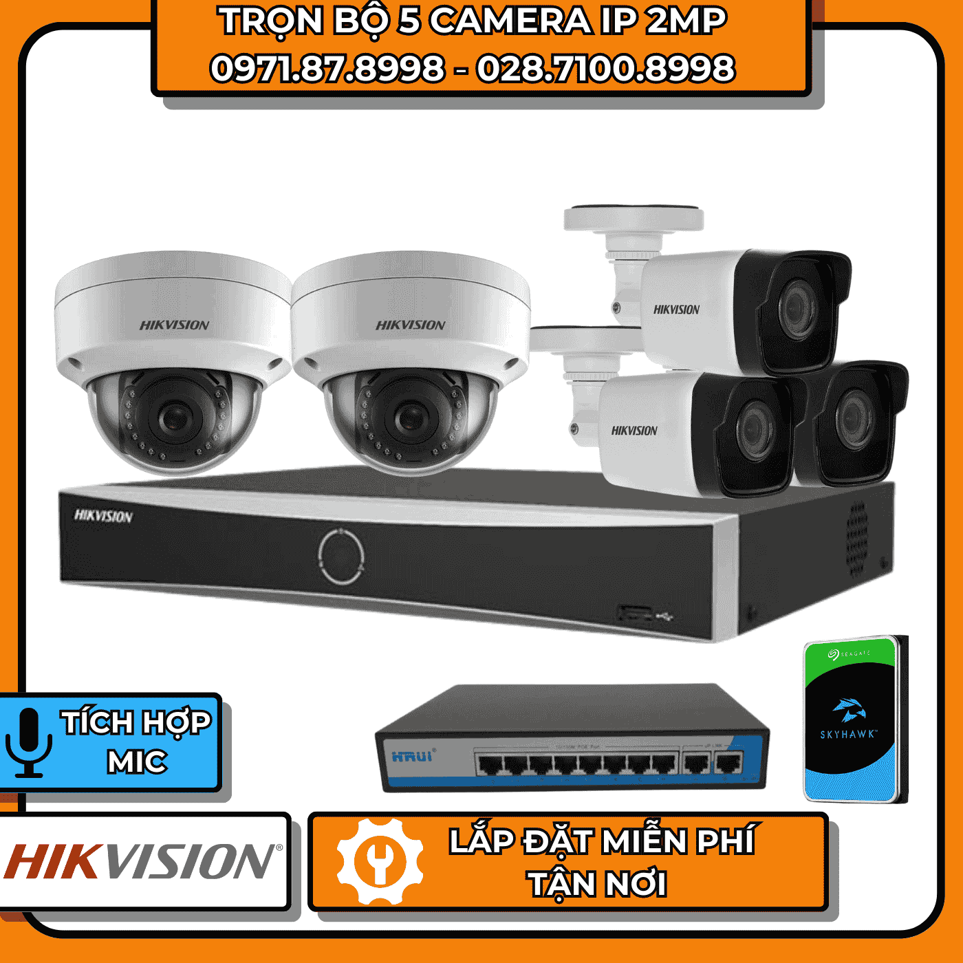 TRỌN BỘ 5 CAMERA IP 2MP HIKVISION + CÓ THU ÂM