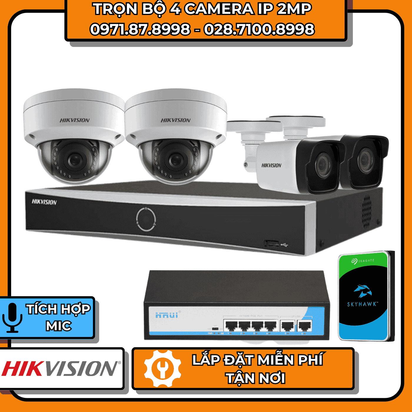 TRỌN BỘ 4 CAMERA IP 2MP HIKVISION + CÓ THU ÂM