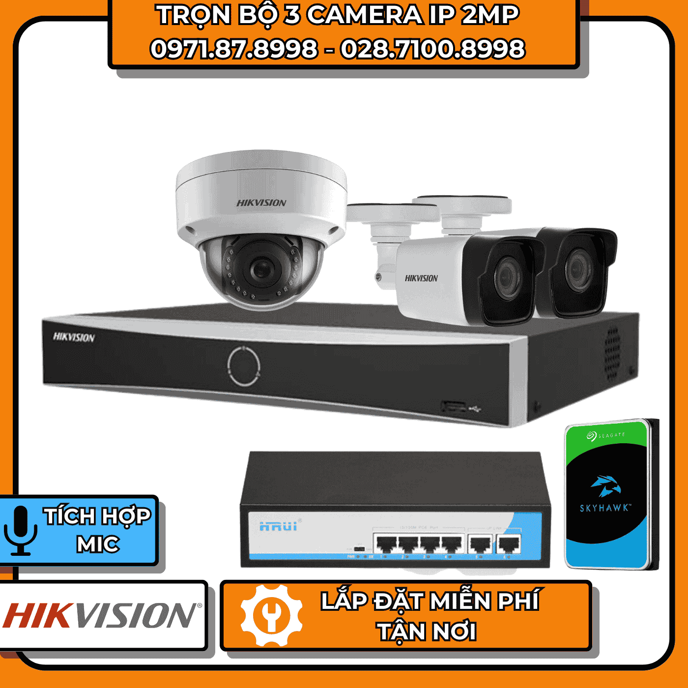 TRỌN BỘ 3 CAMERA IP 2MP HIKVISION + CÓ THU ÂM