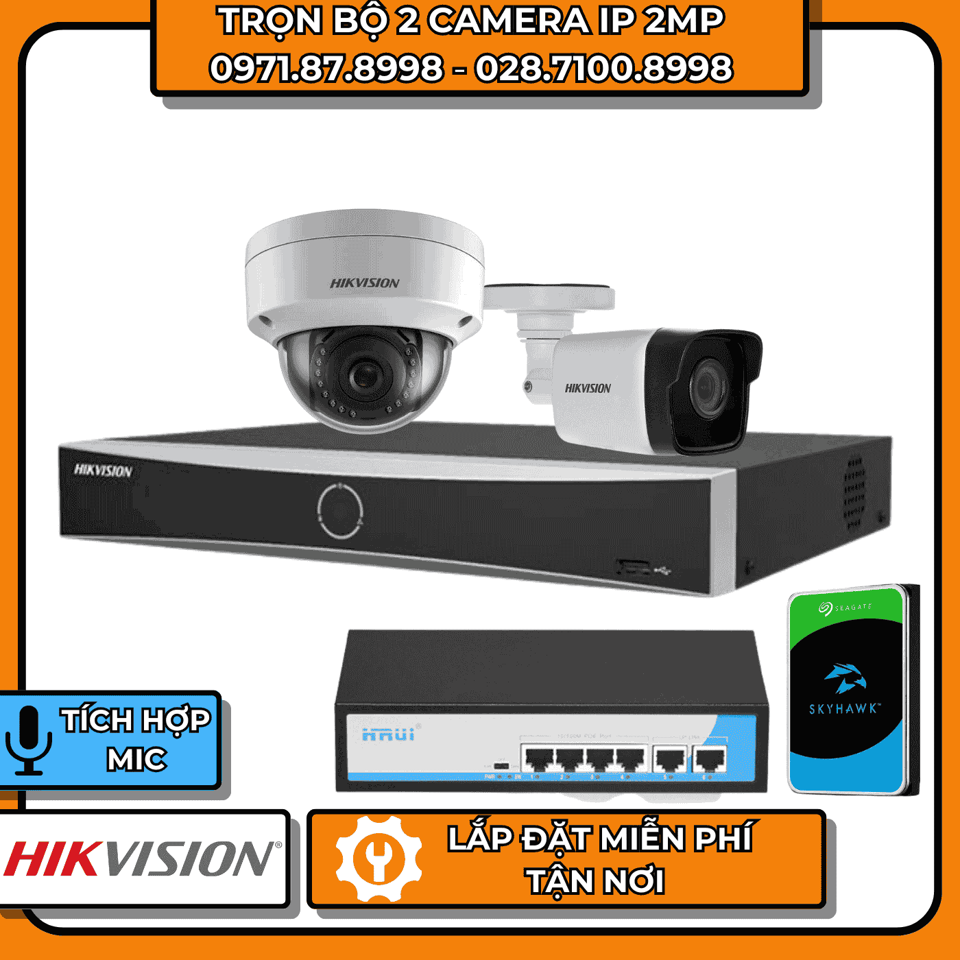 TRỌN BỘ 2 CAMERA IP 2MP HIKVISION + CÓ THU ÂM