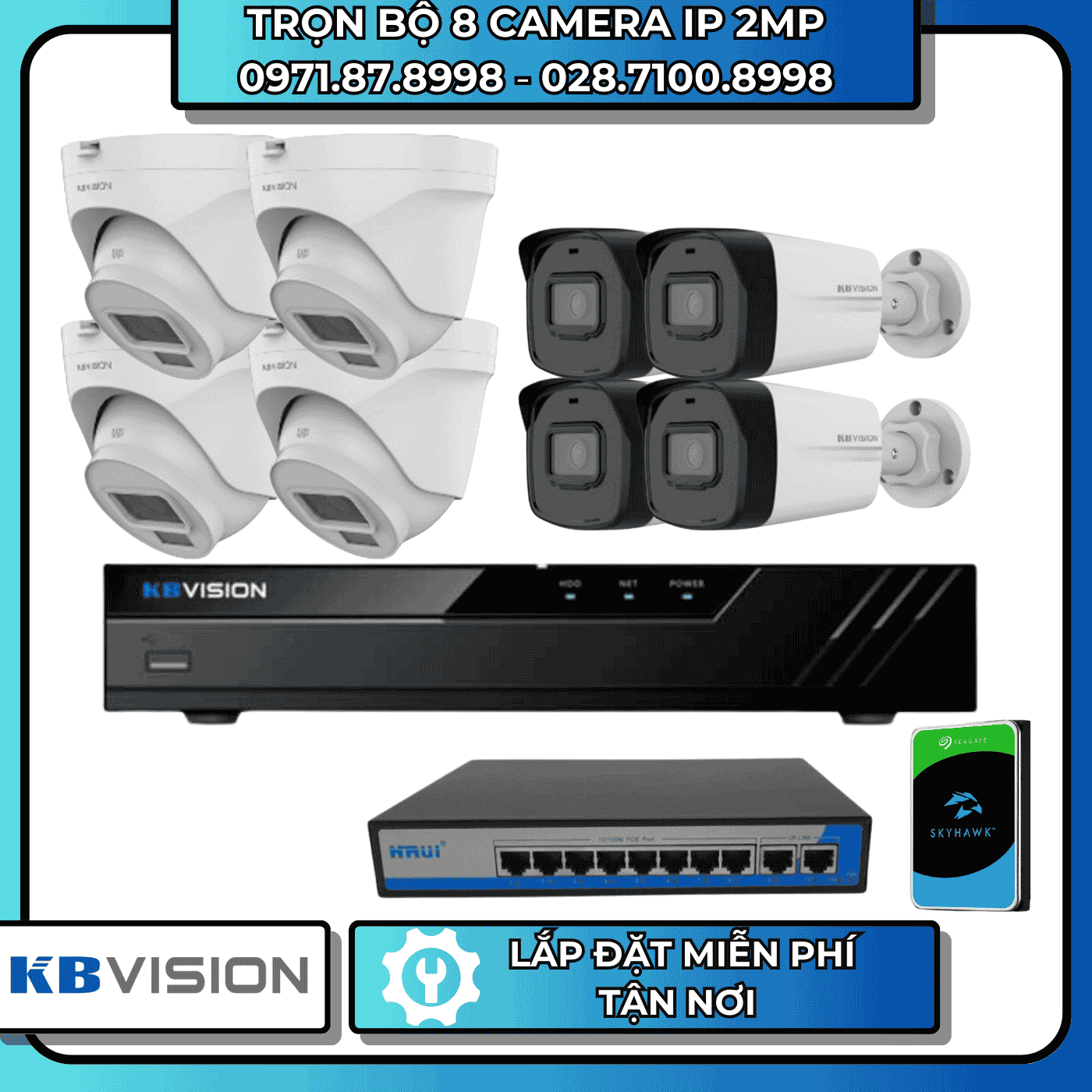 TRỌN BỘ 8 CAMERA IP 2MP KBVISION