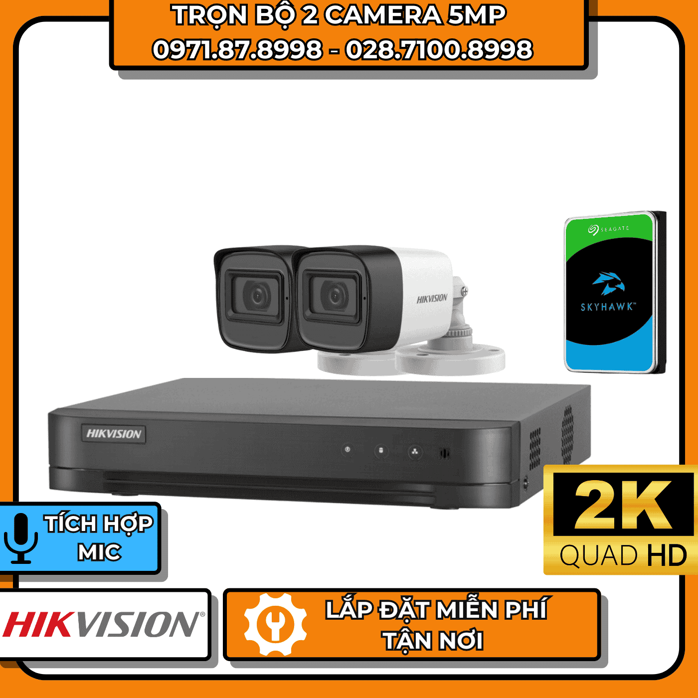 TRỌN BỘ 2 CAMERA 5MP 2K HIKVISION - CÓ THU ÂM