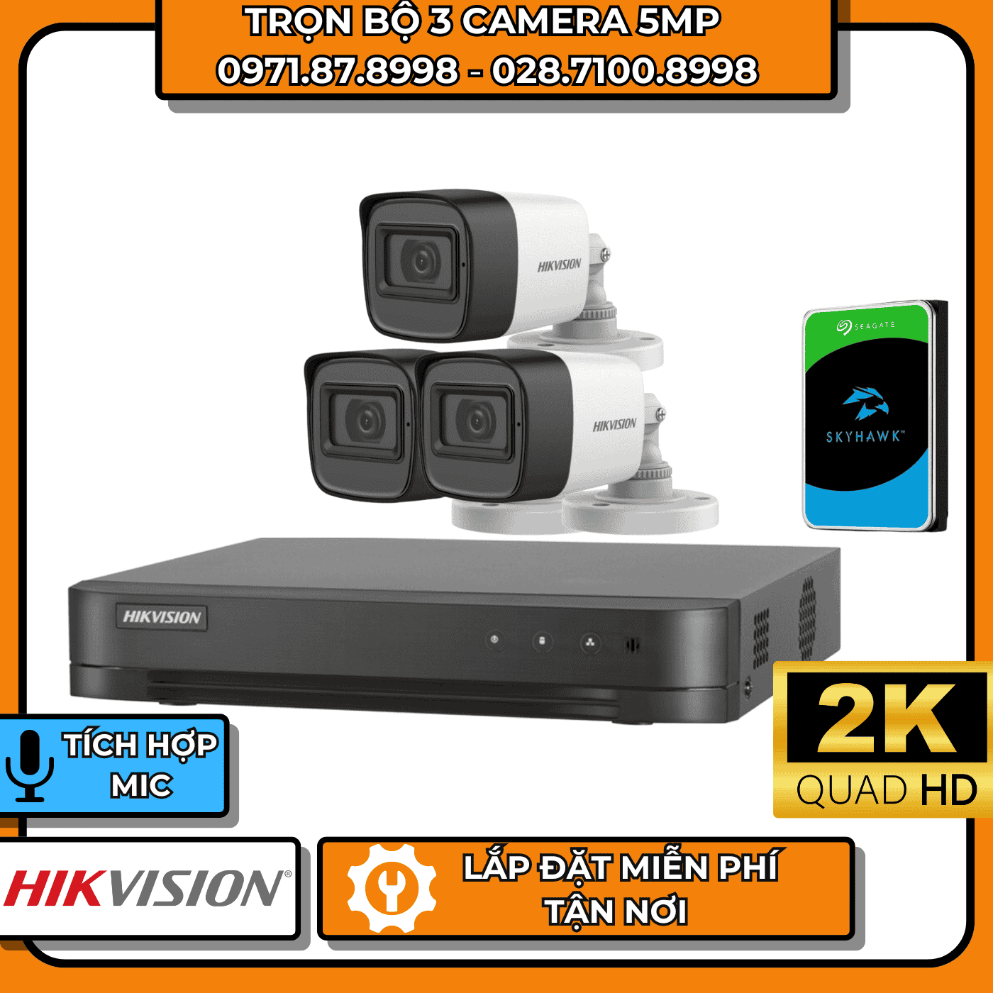 TRỌN BỘ 3 CAMERA 5MP 2K HIKVISION - CÓ THU ÂM