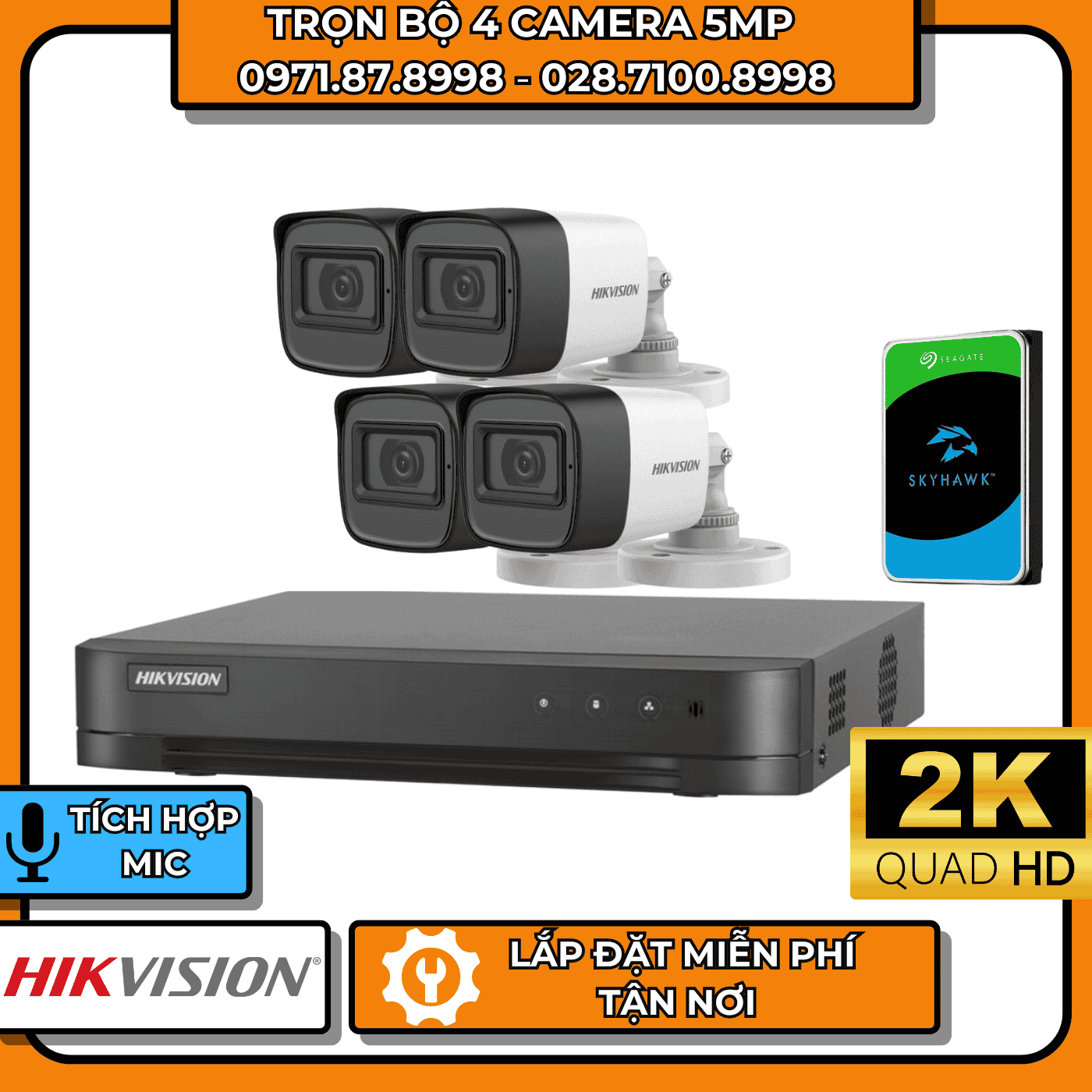 TRỌN BỘ 4 CAMERA 5MP 2K HIKVISION - CÓ THU ÂM