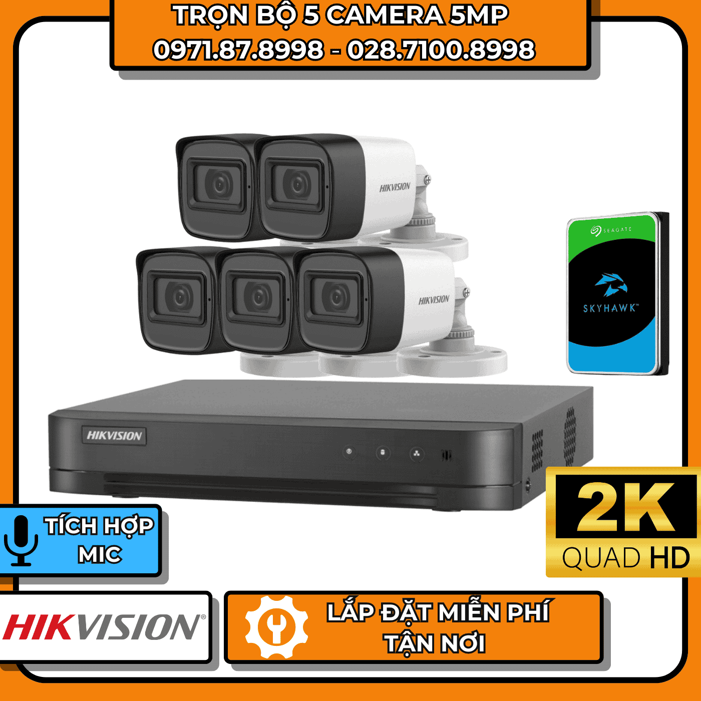 TRỌN BỘ 5 CAMERA 5MP 2K HIKVISION - CÓ THU ÂM