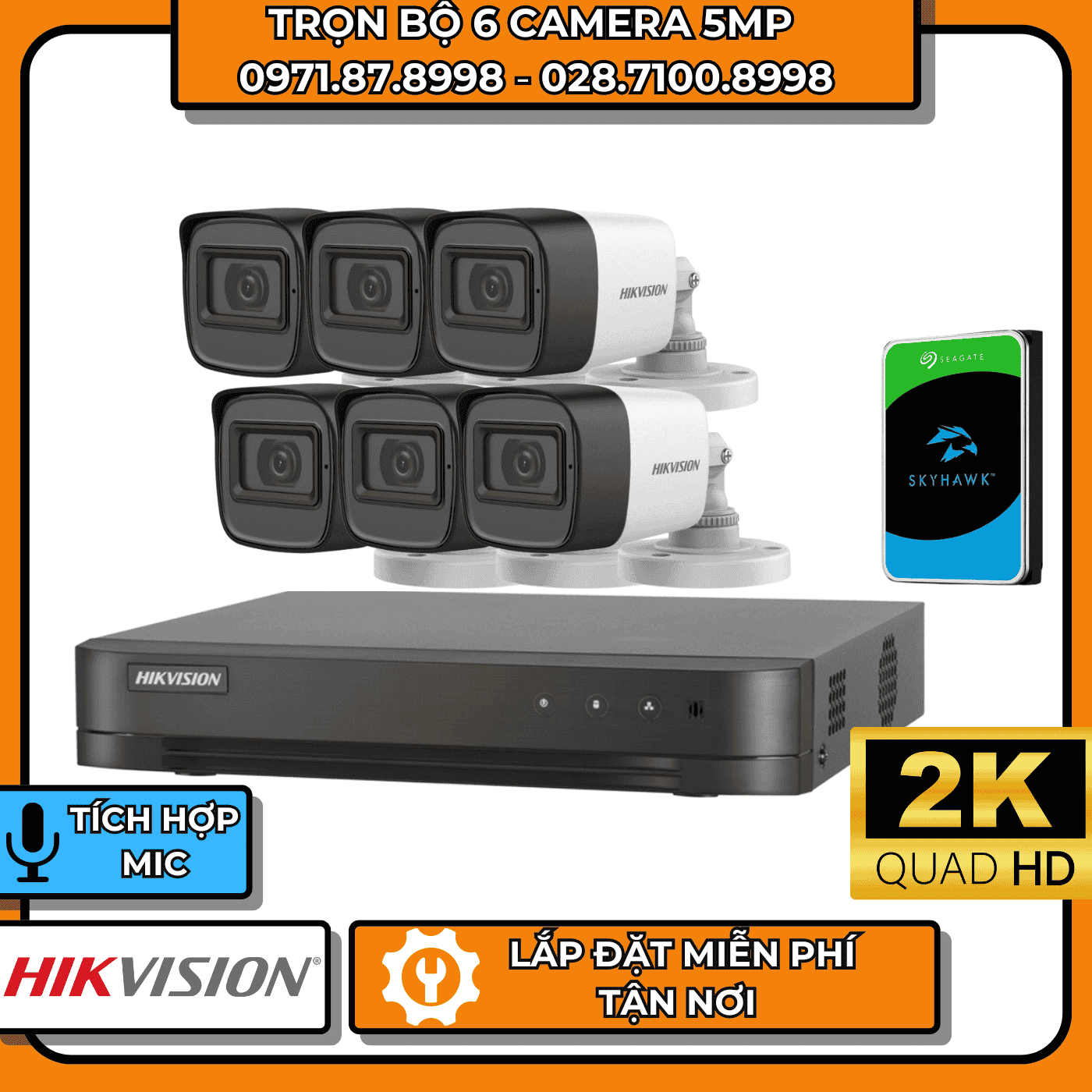 TRỌN BỘ 6 CAMERA 5MP 2K HIKVISION - CÓ THU ÂM