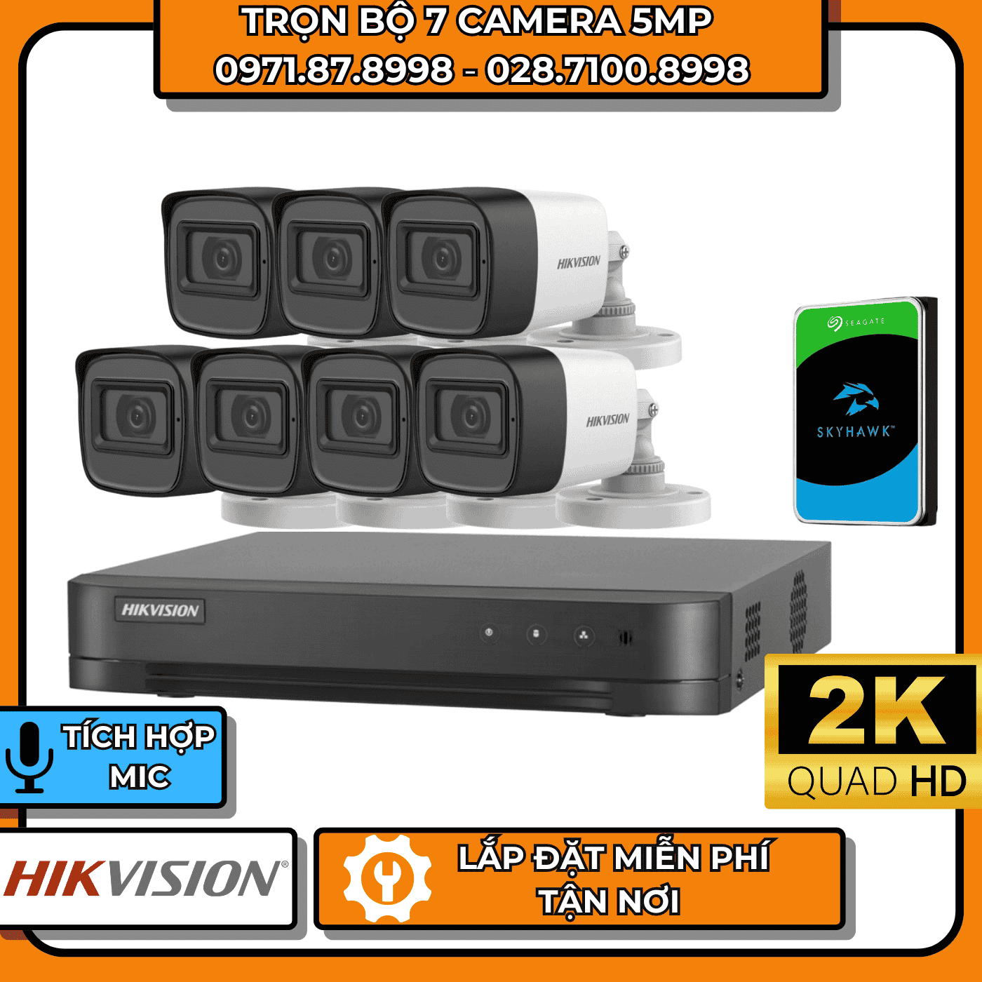 TRỌN BỘ 7 CAMERA 5MP 2K HIKVISION - CÓ THU ÂM