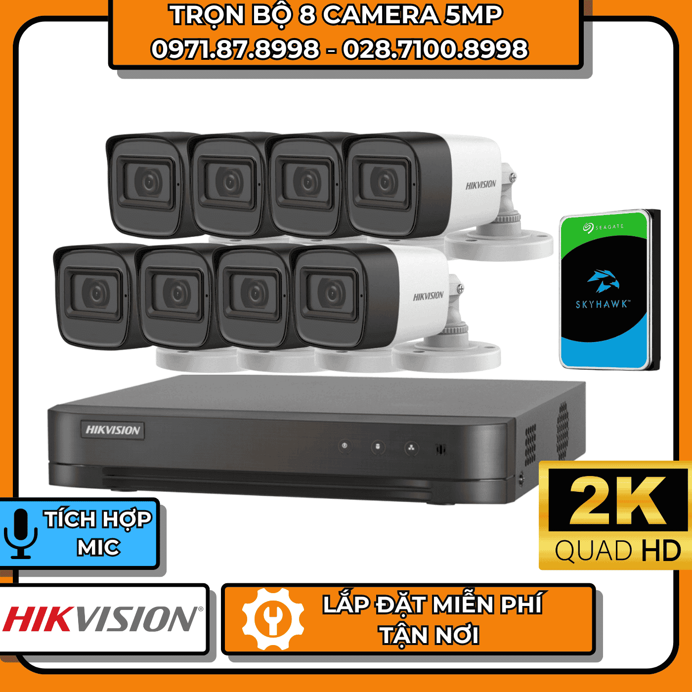 TRỌN BỘ 8 CAMERA 5MP 2K HIKVISION - CÓ THU ÂM